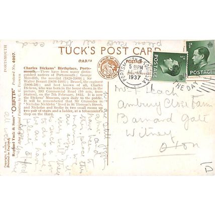 C E Flower : Charles Dickens Birthplace, Portsmouth : Tuck Oilette 4007 pu 1937