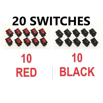 20 MINI 12V Mini Black On/Off Rocker SPST 2 Pin Car Dash Boat 10 Red & 10 Black