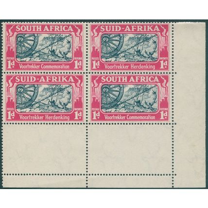 South Africa 1938 1d. blue & carmine Voortrekker SG80 MNH block x4