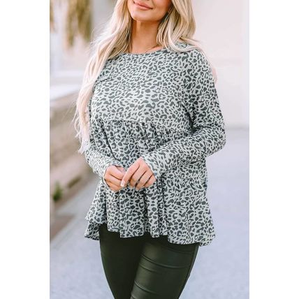Leopard Print Long Sleeve Ruffled Babydoll Blouse