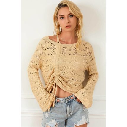 Khaki Hollowed Knit Asymmetric Drawstring Sweater