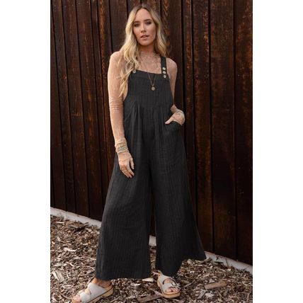 Black Striped Pleated Wide Leg Pocketed Jumpsuit