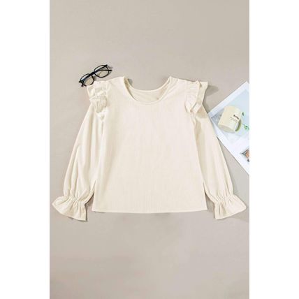 Beige Ruffled Flounce Sleeve Corduroy Blouse