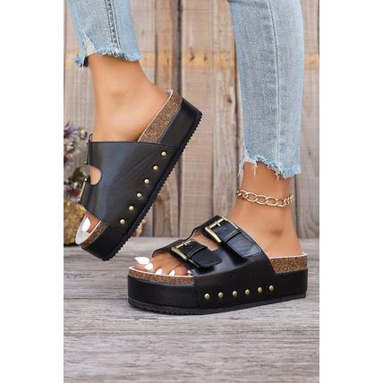 Black Dual Buckle Studded Platform Sandal Slippers