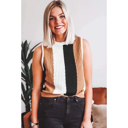 Khaki Stripe Color Block Sleeveless Knitted Sweater Vest