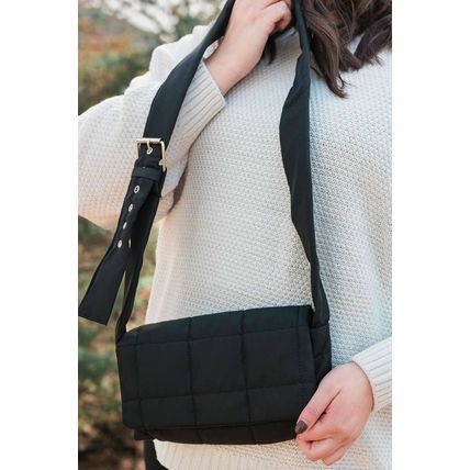 Black Adjustable Wide Strap Quilted Puffer Crossbody Bag