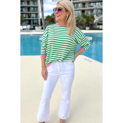 Bright Green Striped Contrast Edge Long Sleeve Top