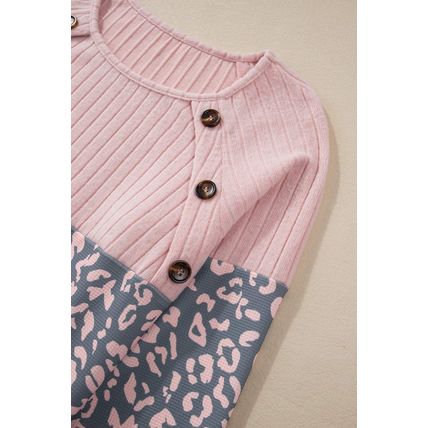 Pink Cheetah Textured Patchwork Buttoned Round Neck T Shirt