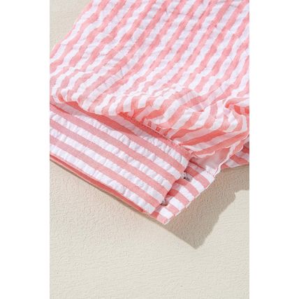 Pink Stripe Color Block Balloon Sleeve Buttoned Loose Fit Shirt