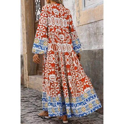 Orange Boho Geometric Printed Long Sleeve Maxi Dress