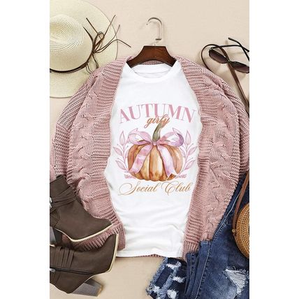 White Autumn Girly Thanksgiving Bowknot Pumpkin Graphic T Shirt