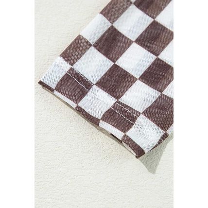 Brown Checkered Printed Long Sleeve High Neck Bodysuit