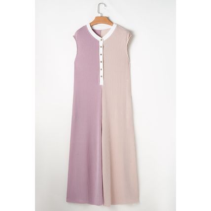 Parchment Color Block Corded Knit Buttoned Super Wide Leg Jumpsuit