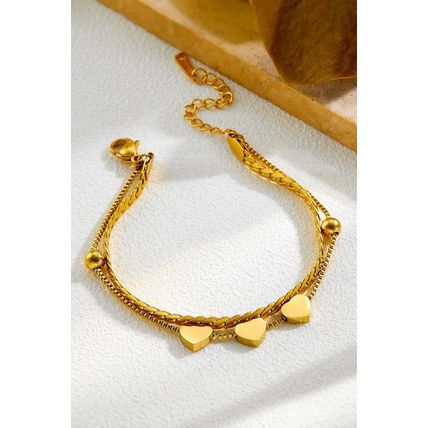 Gold Triple Heart Double Layer Adjustable Chain Bracelet