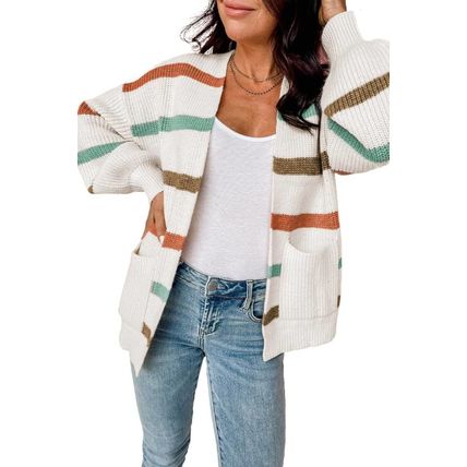 Beige Drop Shoulder Pocketed Stripe Sweater Cardigan