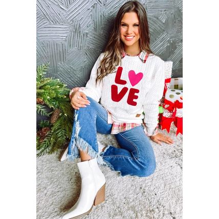 White LOVE Chenille Embroidered Cable Knit Pullover Sweatshirt