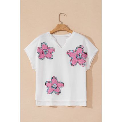 White Floral Applique Notched V Neck Dolman Sleeve Top