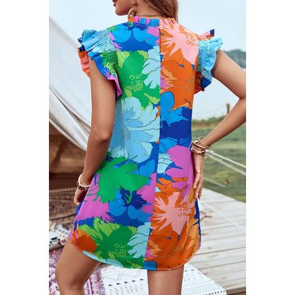 Blue Bold Floral Flutter Sleeve Shift Mini Dress with Pockets
