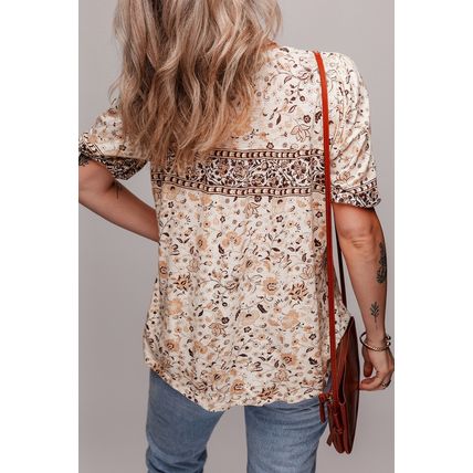 Khaki Boho Floral Print Half Placket Short Sleeve Loose Blouse