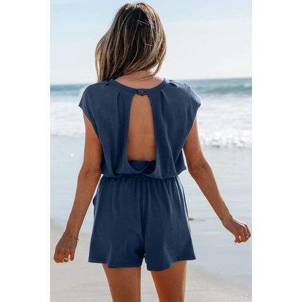 Ashleigh Blue Knit Open Back Cap Sleeve Drawstring Romper