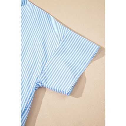 Sky Blue Stripe Contrast Collar Patchwork Hidden Button Short Sleeve Summer Shir