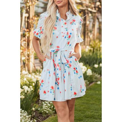 Sky Blue Stripe Floral Pattern Ruffle Short Sleeve Belted Mini Dress