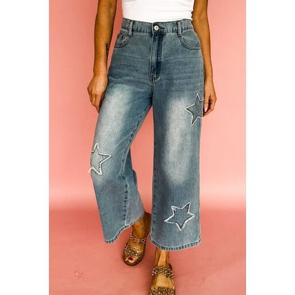 Stone Blue Star Patchwork Cropped Wide Leg High Waist Jeans