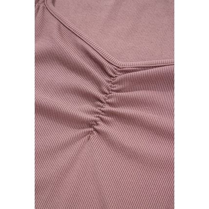 Old Rose Gathered Bust Square Neck Ribbed Fit Long Sleeve Top