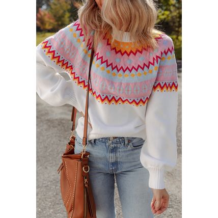 White Ethnic Geometric Colorblock Print Drop Shoulder Sweater