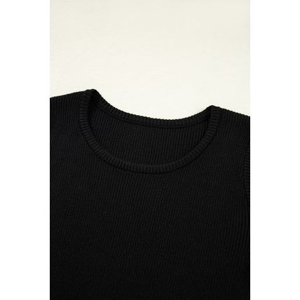 Black Ribbed Knit Cold Shoulder Sweater