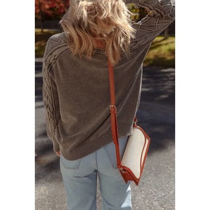 Dark Brown Contrast Cable Knit Sleeve Casual Sweater