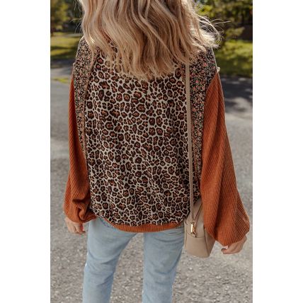Brown Leopard Floral Print Ribbed Puff Sleeve Patchwork Loose Pullover