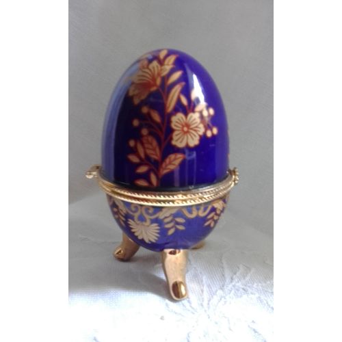 Porcelain Footed Egg Shaped Hinged Trinket, Jewellery Or Pill Box Blue And Gold