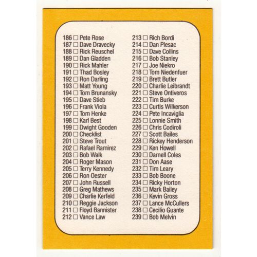1987 Donruss Baseball Checklist unmarked card #200