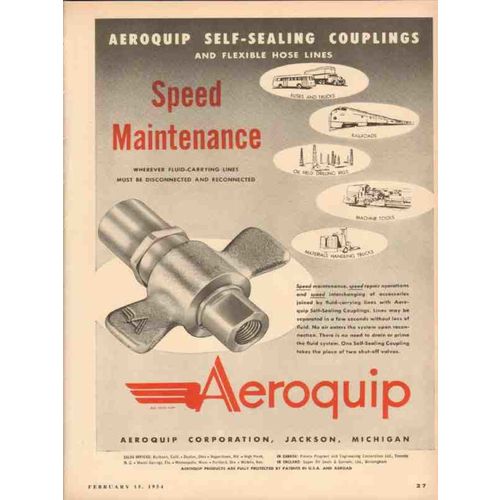 AEROQUIP CORP 1954 speed maintenance self sealing couplings vintage ad