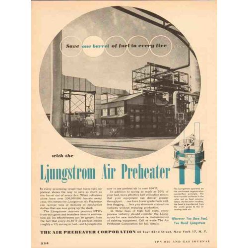 AIR PREHEATER CORP 1954 save barrell fuel Ljungstrom vintage ad