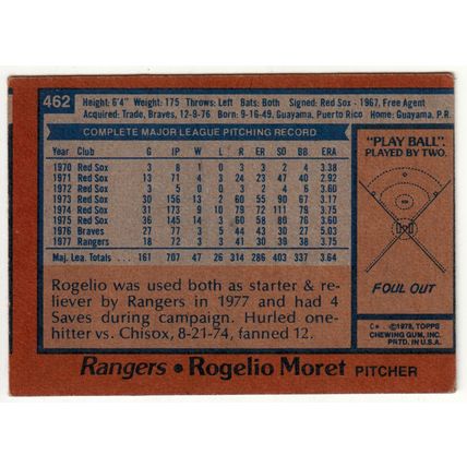 1978 Topps baseball card 462 Rogelio Moret - Rangers
