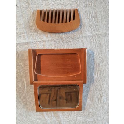 Unique, Chinese Portable Wooden Comb & Hand Mirror in Engraved Wooden Case