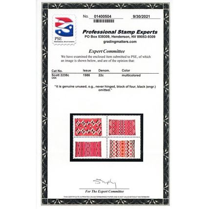 2238c, Mint VF NH 22¢ Black Color Omitted Error With PSE Cert Stuart Katz