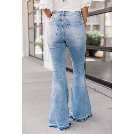 Sky Blue High Waist Buttoned Distressed Flared Jeans