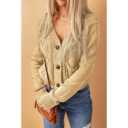Beige Front Pockets Buttons Textured Cardigan