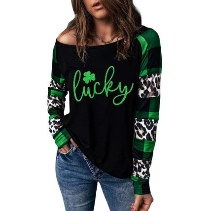 Green Lucky Clover Glitter Pattern Leopard Plaid Splicing Top