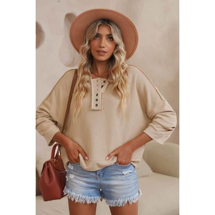 Khaki Casual Button Solid Patchwork Trim Hoodie