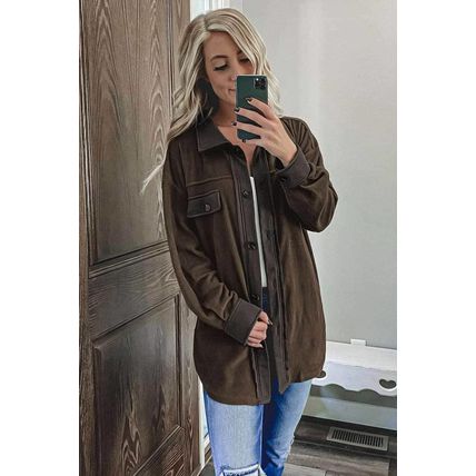 Brown Turn Down Collar Buttoned Shirt Jacket