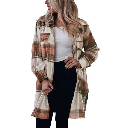 Brown Plaid Print Flap Pockets Long Shacket