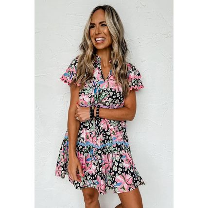 Pink Leopard Floral Print Wavy Embellished Mini Dress