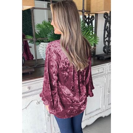 Red Dahlia Velvet Pagoda Sleeve Crew Neck Top