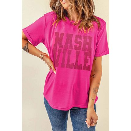 Rose Red NASHVILLE Rhinestone Crew Neck Graphic Tee