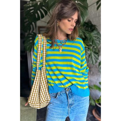 Green Stripe Crew Neck Drop Shoulder Casual Sweater