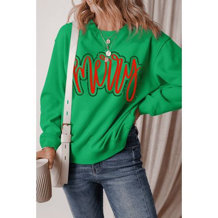 Dark Green Merry Print Fleece Lined Drop Shoulder Christmas Sweatshirt